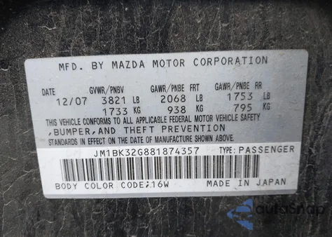 2008 Mazda Mazda3 I z USA, uszkodzony, nr VIN JM1BK32G881874357